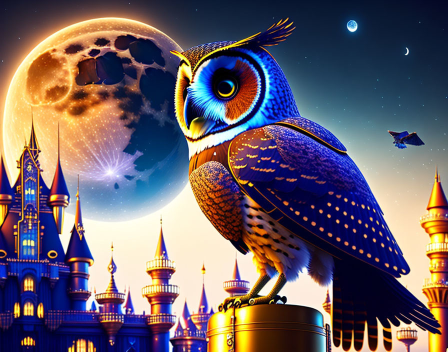 Owl perched on telescope with castle backdrop under moonlit sky