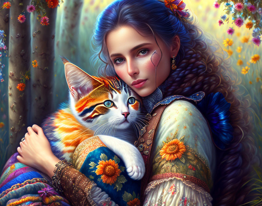 Blue-Streaked Hair Woman Embracing Colorful Cat in Traditional Attire