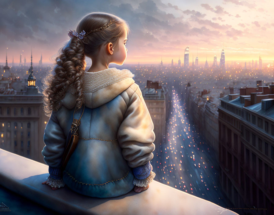 Young girl in braided hair and blue coat gazes at cityscape at sunset.