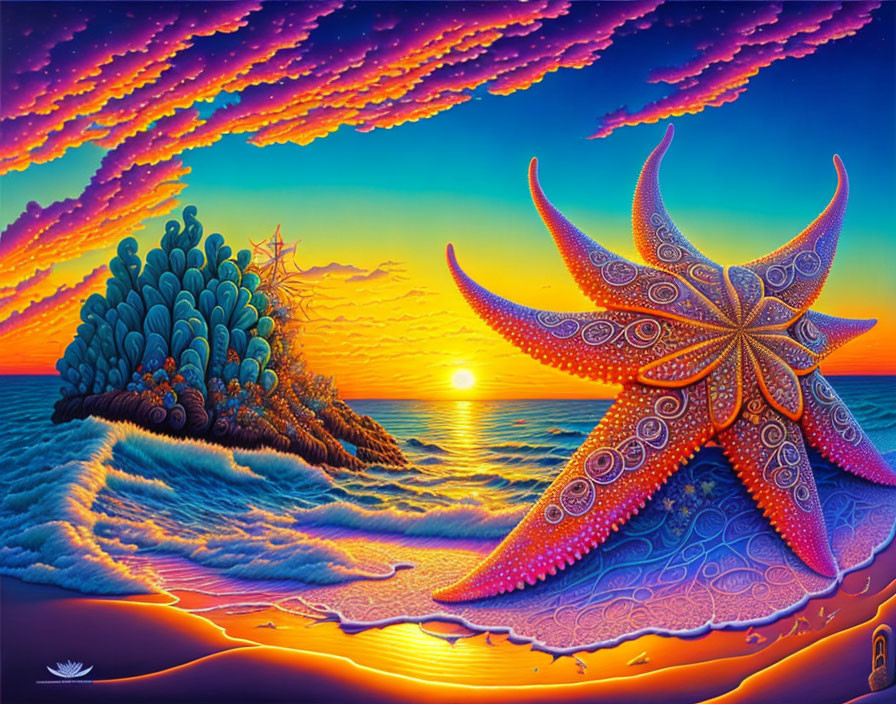 Colorful painting of a starfish on a beach at sunset