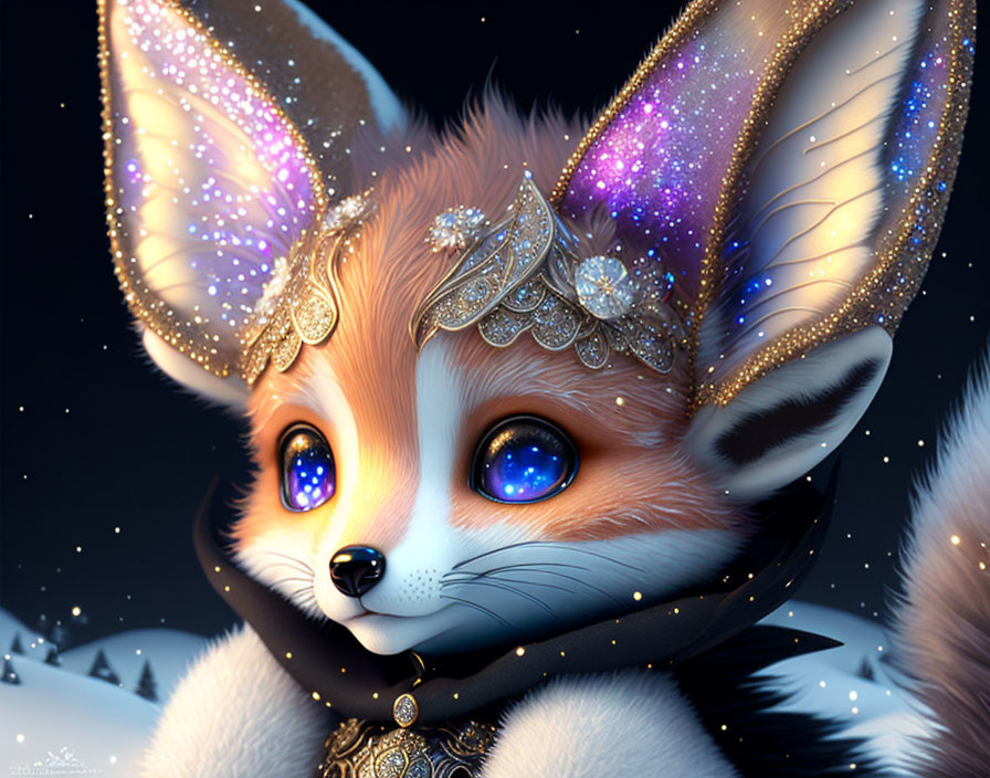 Anthropomorphic fox illustration with sparkling ears and jeweled headgear in snowy scene