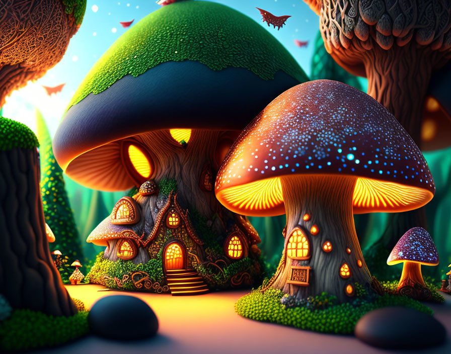 Whimsical forest with mushroom houses and starry sky illustration