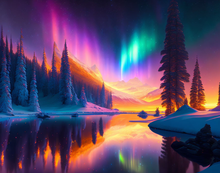 Northern Lights Over Snowy Mountain Lake and Pine Trees