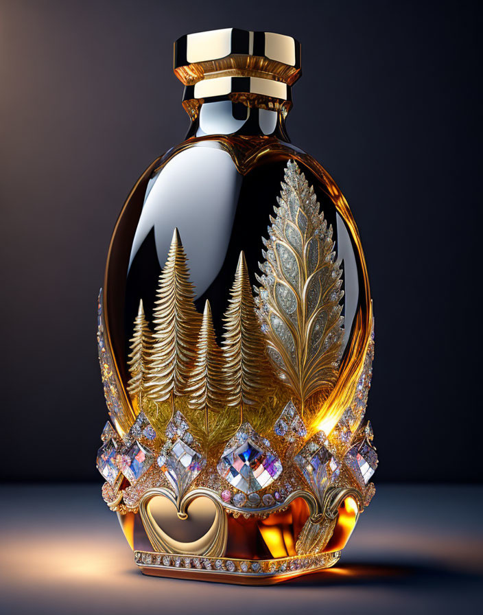 Luxurious Perfume Bottle with Golden Details and Diamond Patterns