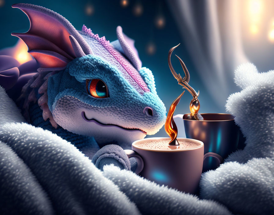 Anthropomorphic dragon with blanket and hot drink in cozy setting