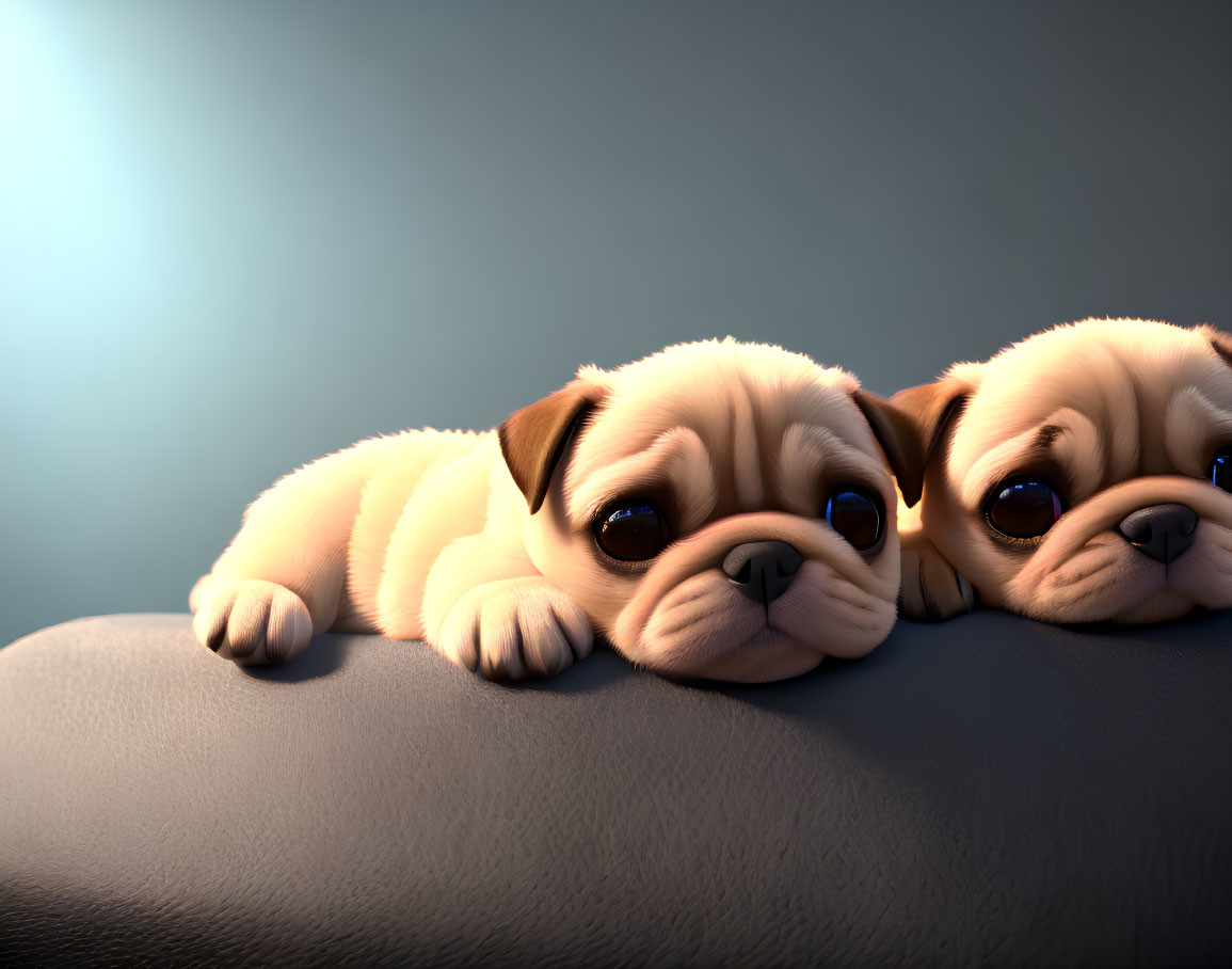 Two adorable 3D animated pug puppies with big, sad eyes lying down on dark background