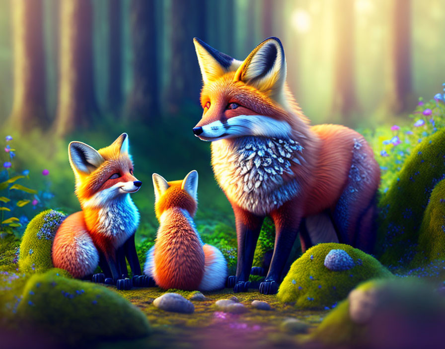 Foxes in vibrant magical forest with sun filtering through trees