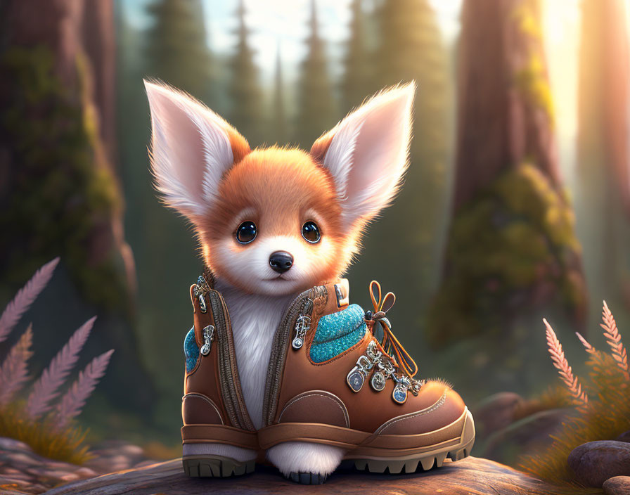 Illustration of fluffy fox in boot in sunlit forest