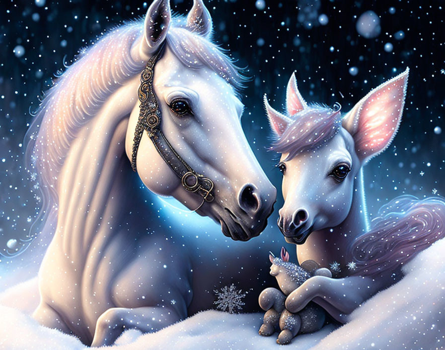 Magical white adult and young unicorns in snowy night scene