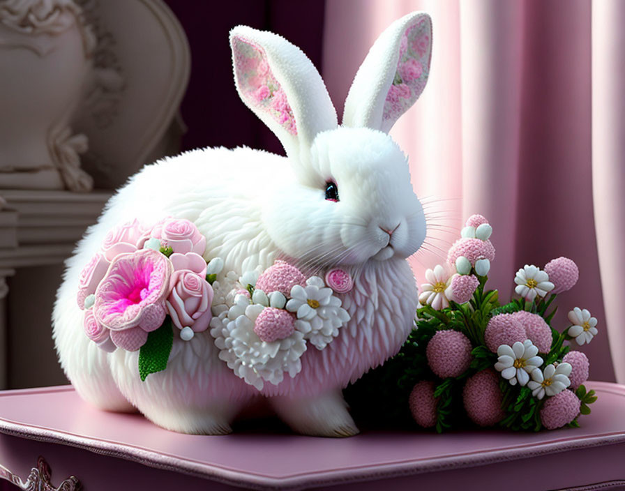 Fluffy White Rabbit with Pink Flowers and Bouquet