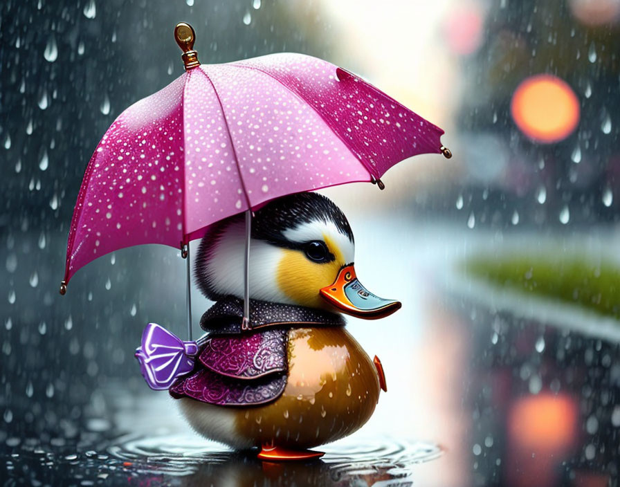 Colorful Duckling Illustration with Purple Bow Tie and Umbrella