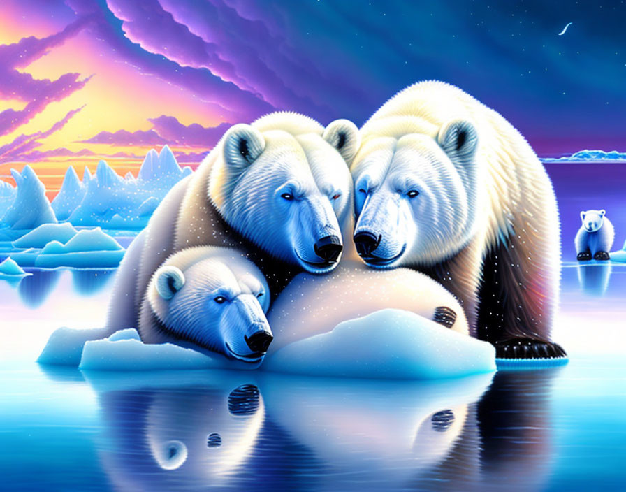 Polar bears on ice floe under twilight sky with aurora.