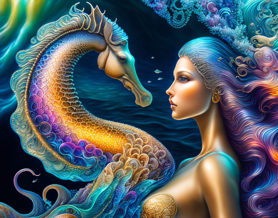 Colorful Artwork: Woman with Blue Hair and Ornate Seahorse