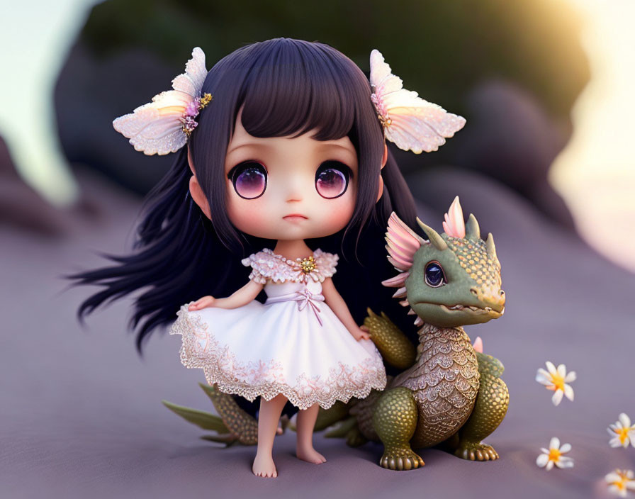 Whimsical illustration: Doll-like girl with expressive eyes and small dragon in daisy field