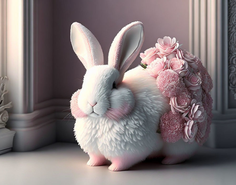 White Rabbit with Pink Flowers in Classical Room Setting