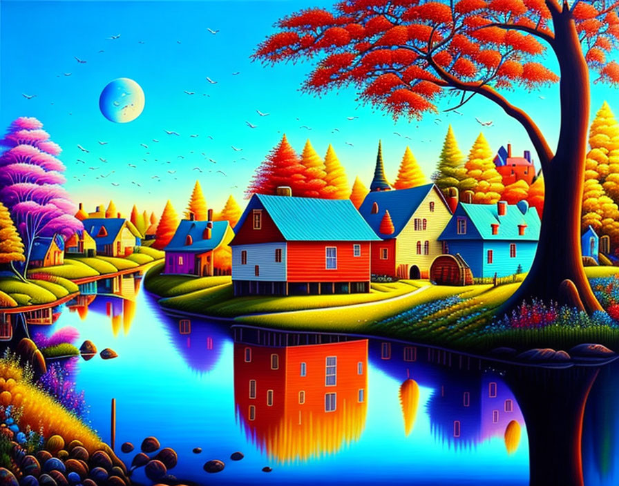 Colorful Landscape with Whimsical Houses, River, Autumn Trees, Moon, and Birds