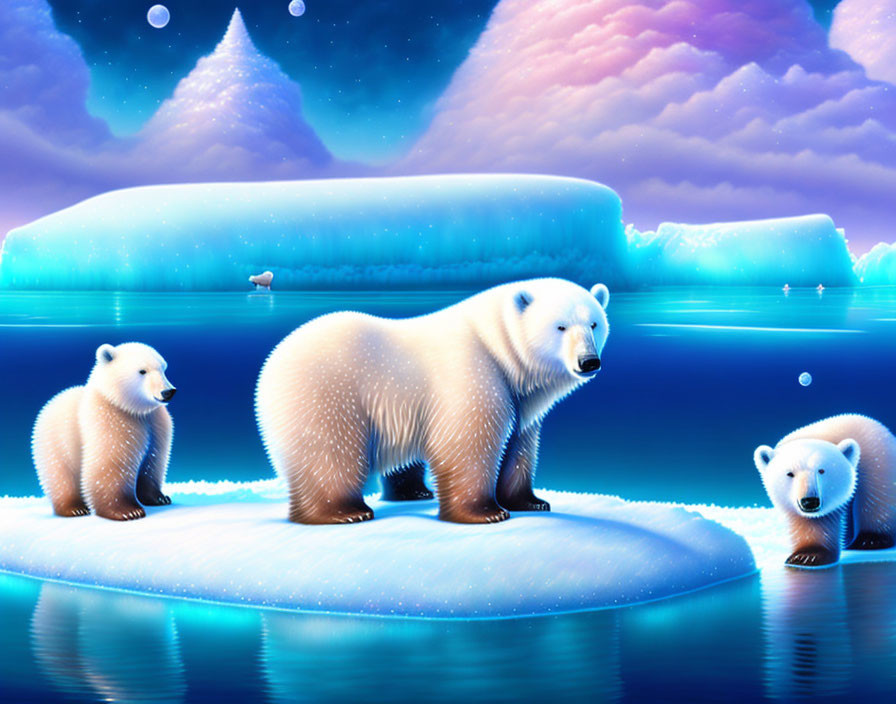 Polar bears family on ice floe under vibrant night sky