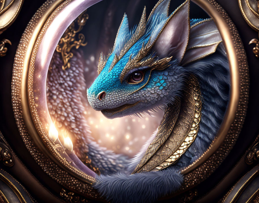 Detailed Blue Dragon Head Illustration with Golden Eyes and Ornate Circular Border on Glowing Lights Background