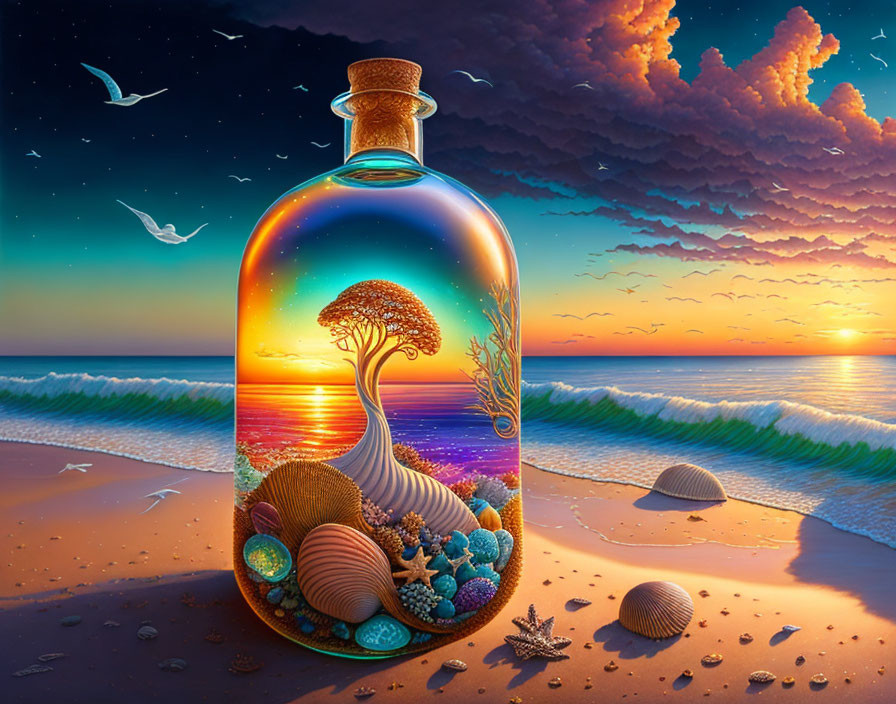 Colorful artwork: Tree in glass bottle on beach with sunset, seashells, and birds