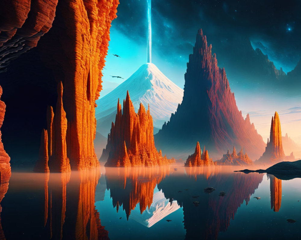 Majestic red rock formations, reflective water, flying birds, and glowing mountain in fantasy landscape