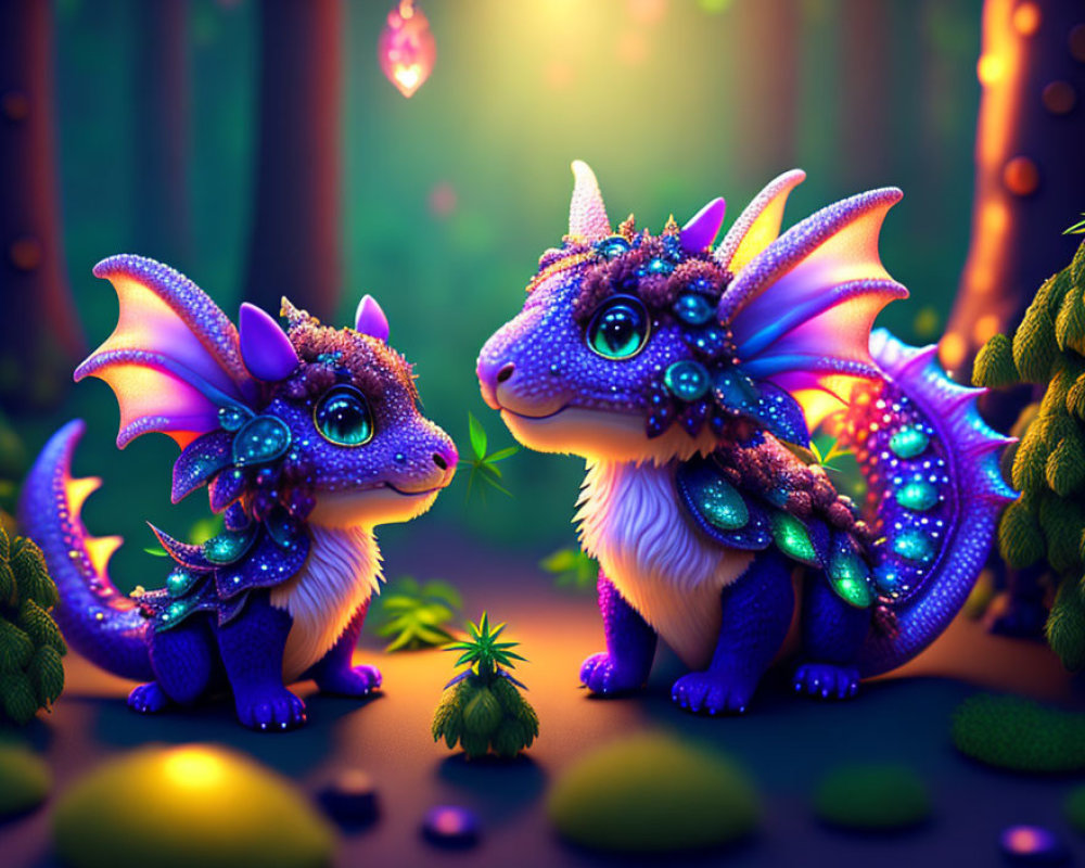 Colorful whimsical dragons in enchanted forest with glowing elements & lush vegetation.