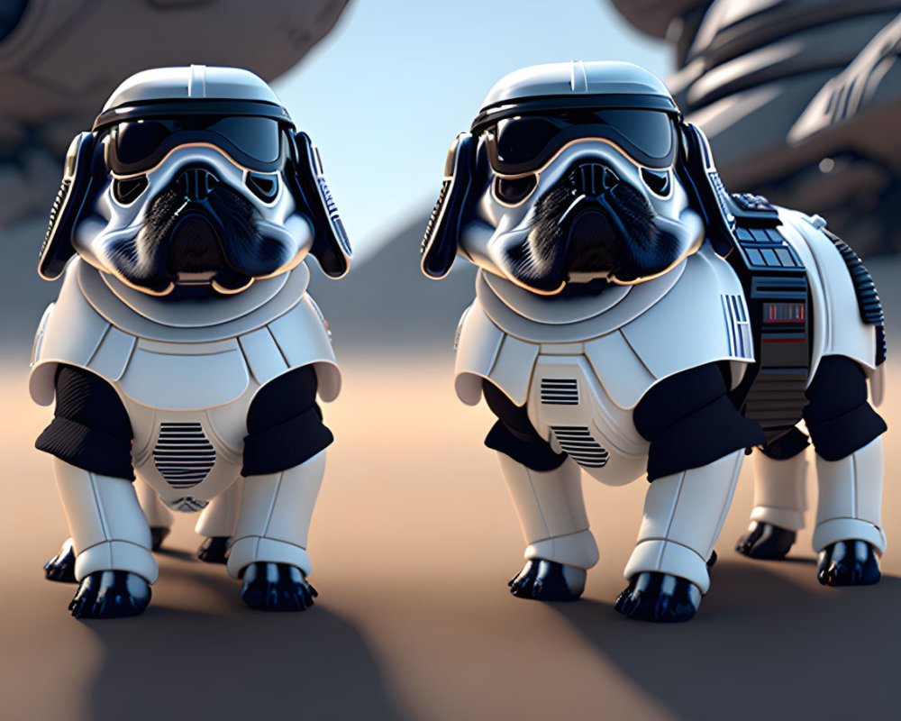 Two pugs in Stormtrooper costumes standing in sci-fi setting