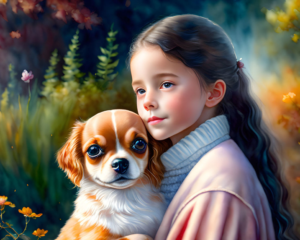 Young girl embraces Cavalier King Charles Spaniel in colorful garden.