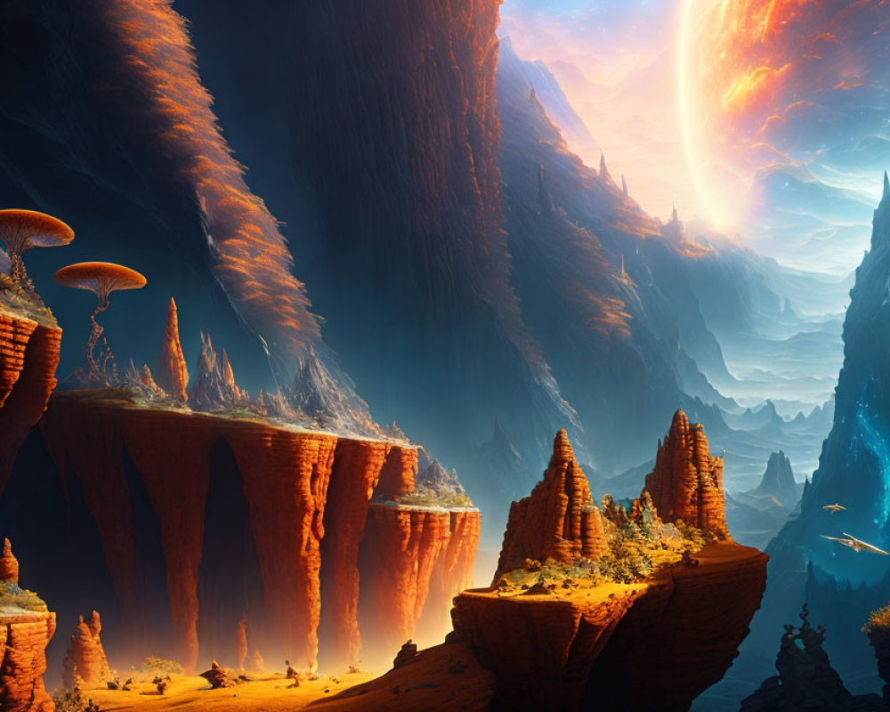 Alien landscape with red rock formations and mushroom-like structures