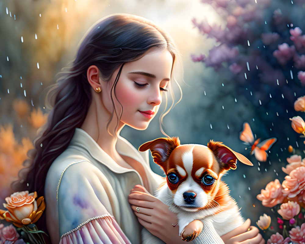 Tranquil woman with small dog in magical garden with butterflies and rain