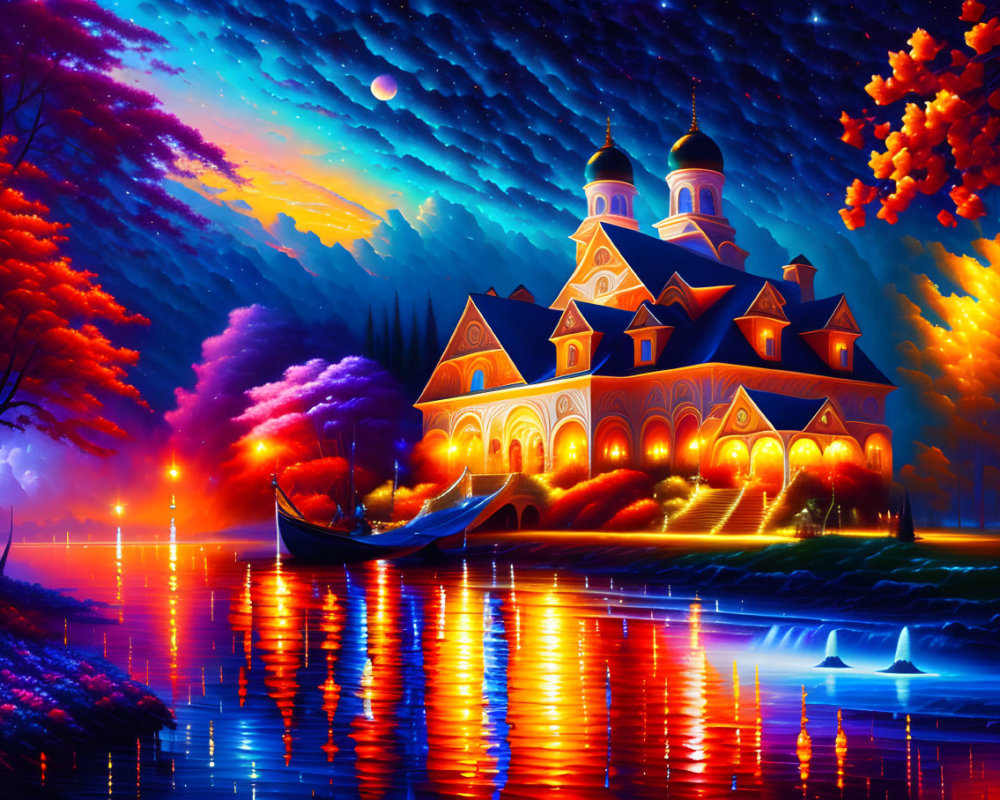 Vibrant painting of lit castle by lake at twilight with boat and starry sky