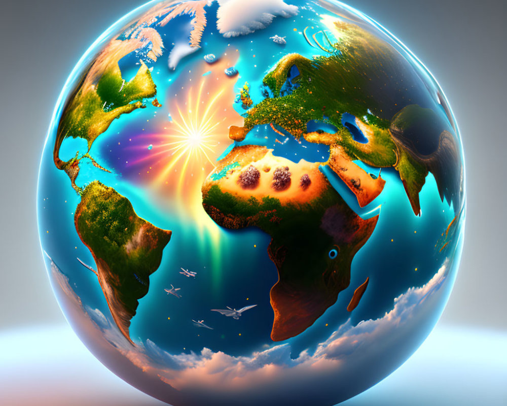 Detailed Earth illustration with radiant light from Africa-Europe.