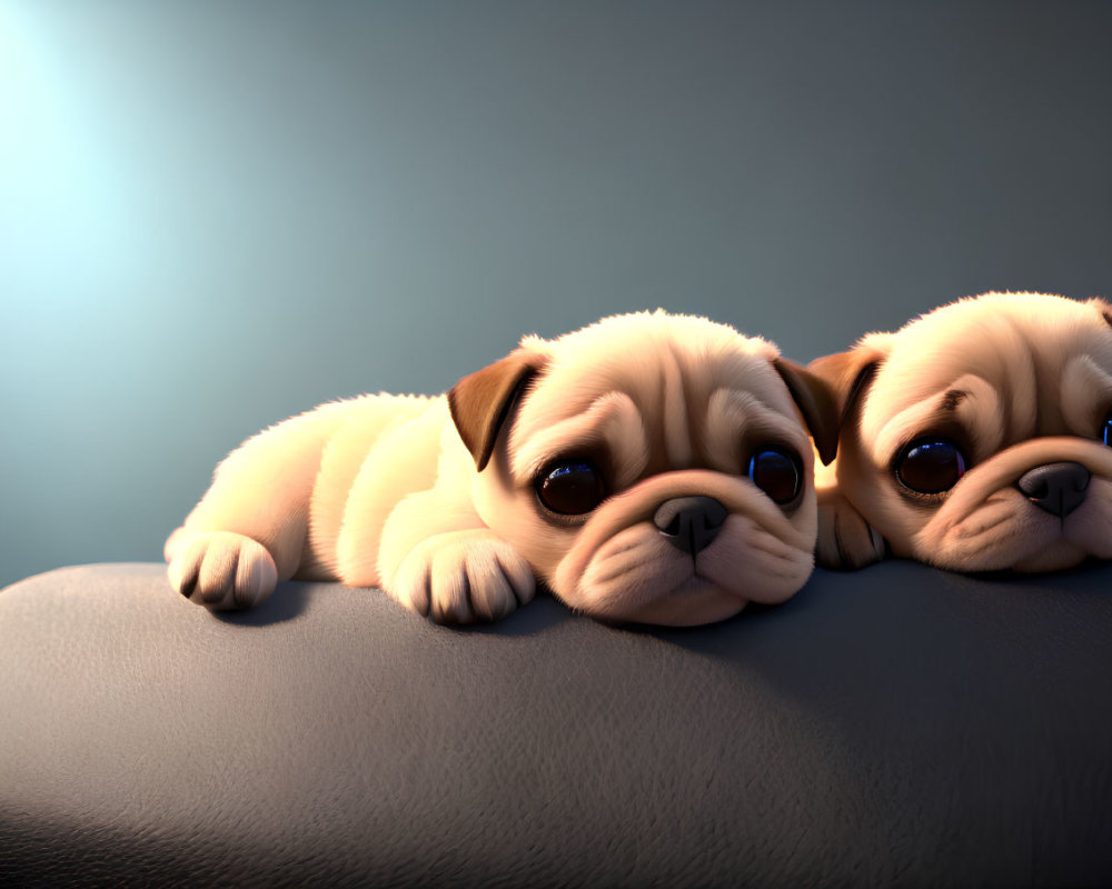 Two adorable 3D animated pug puppies with big, sad eyes lying down on dark background