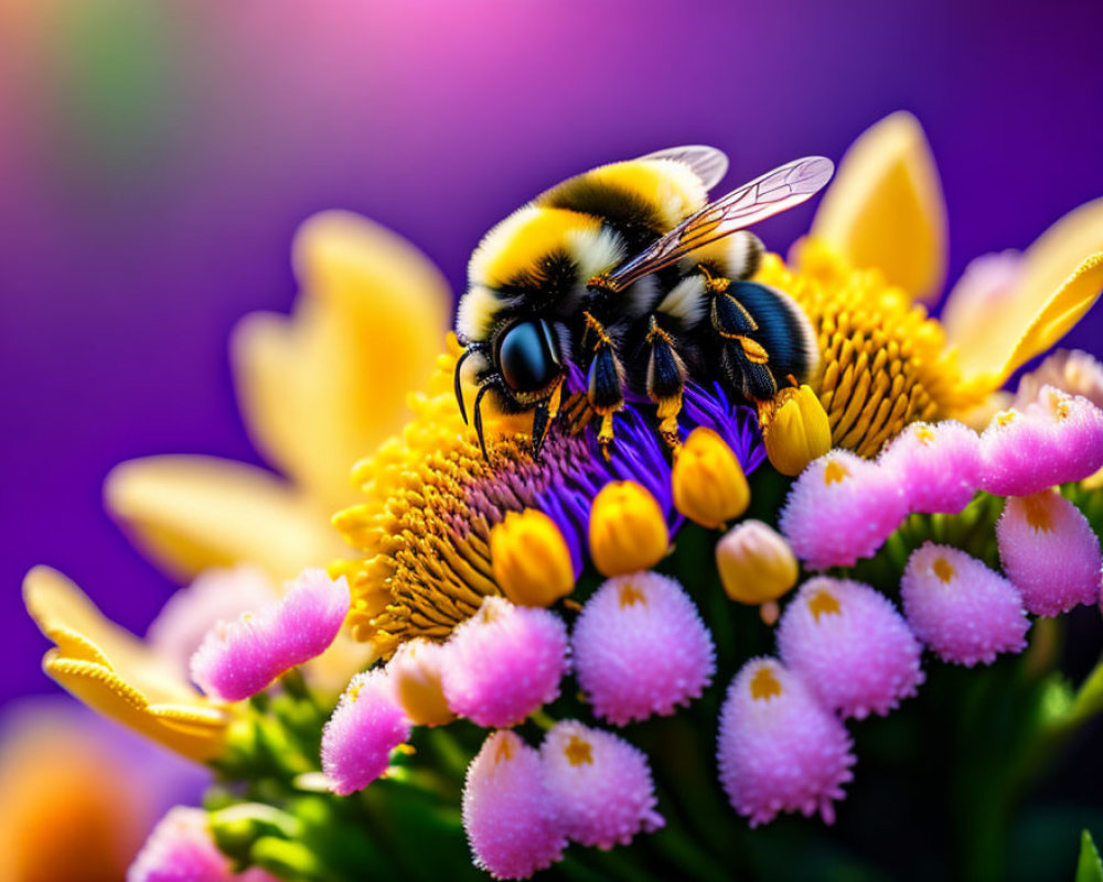 Close-up of bumblebee pollinating yellow and pink flowers with purple background