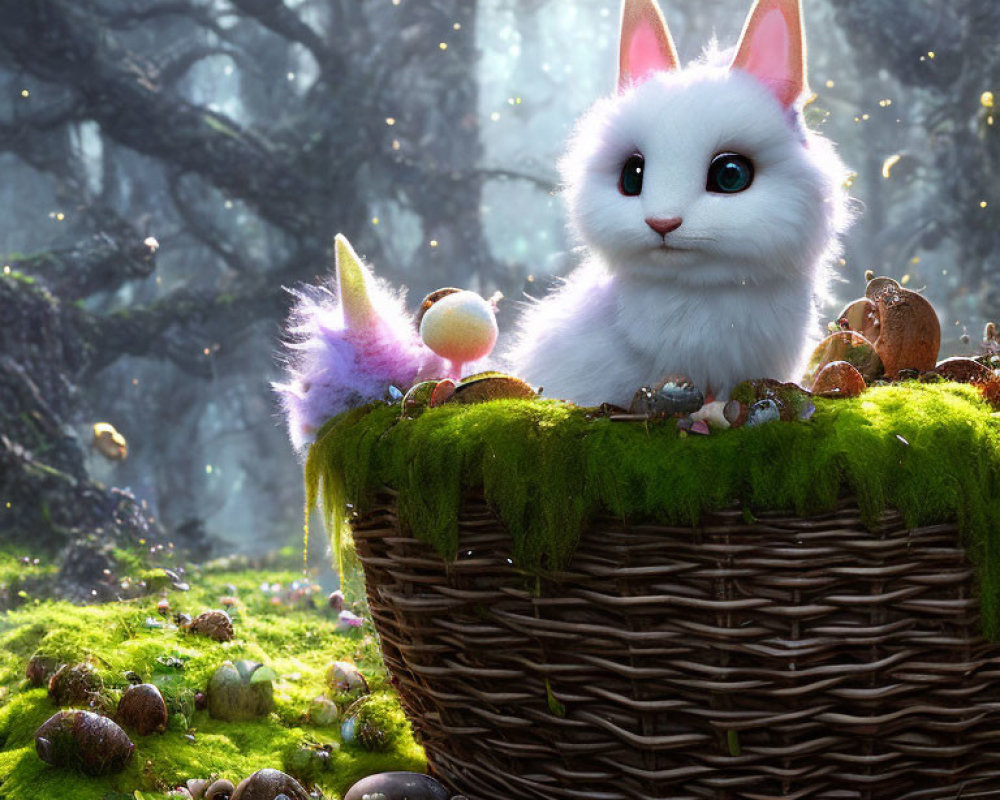 White fluffy cat in wicker basket surrounded by fantasy forest with mushrooms and snails