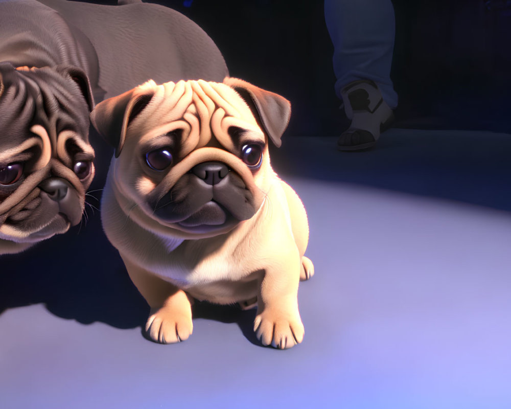 Two animated pug dogs with expressive faces in a spotlight, one curious and the other dismayed,