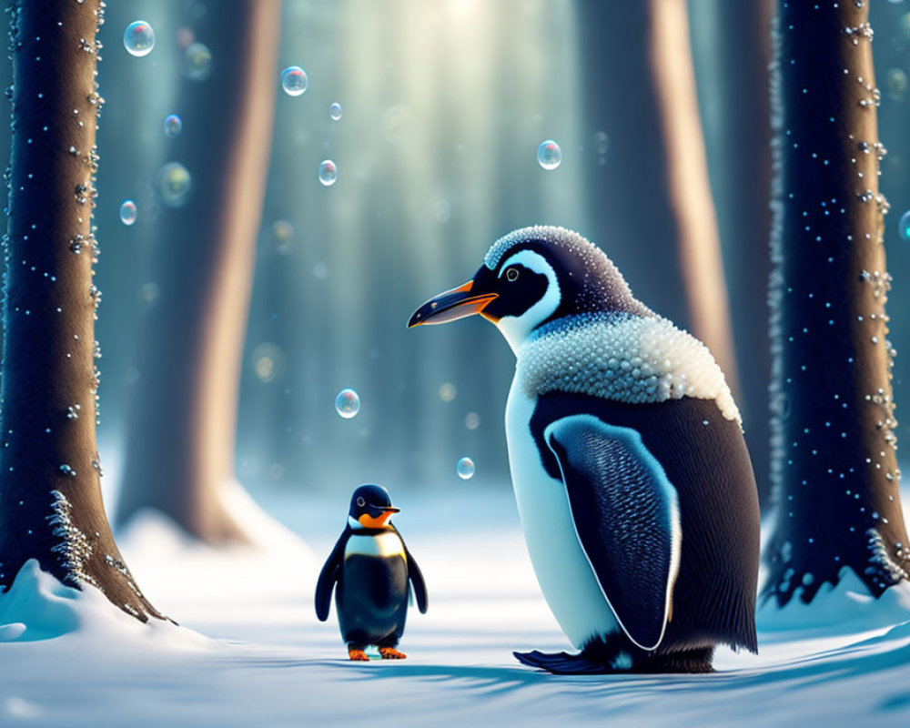 Animated penguins in snowy forest with floating bubbles and sunlight