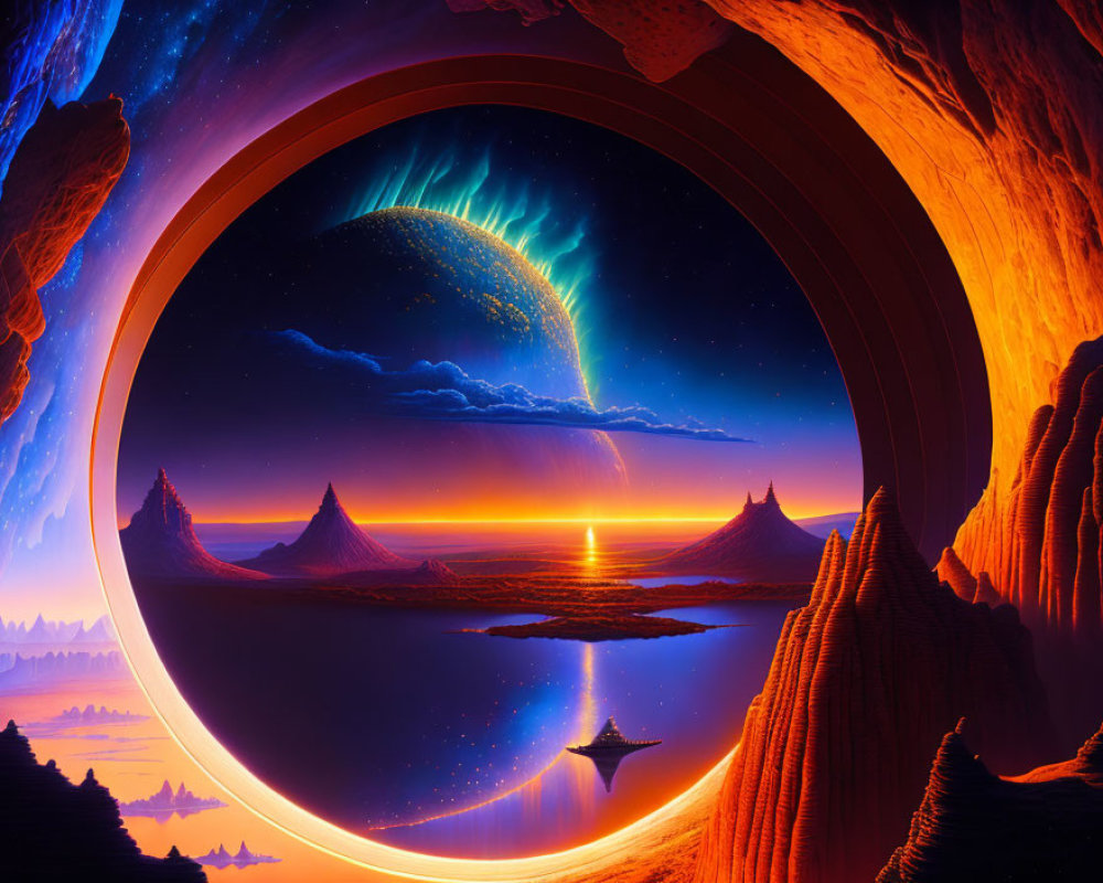 Vibrant digital artwork of otherworldly landscape with ocean and cosmic event