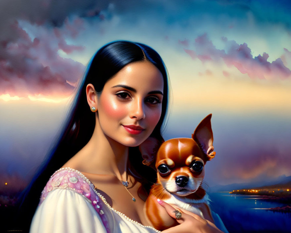 Dark-haired woman holding Chihuahua against dramatic landscape