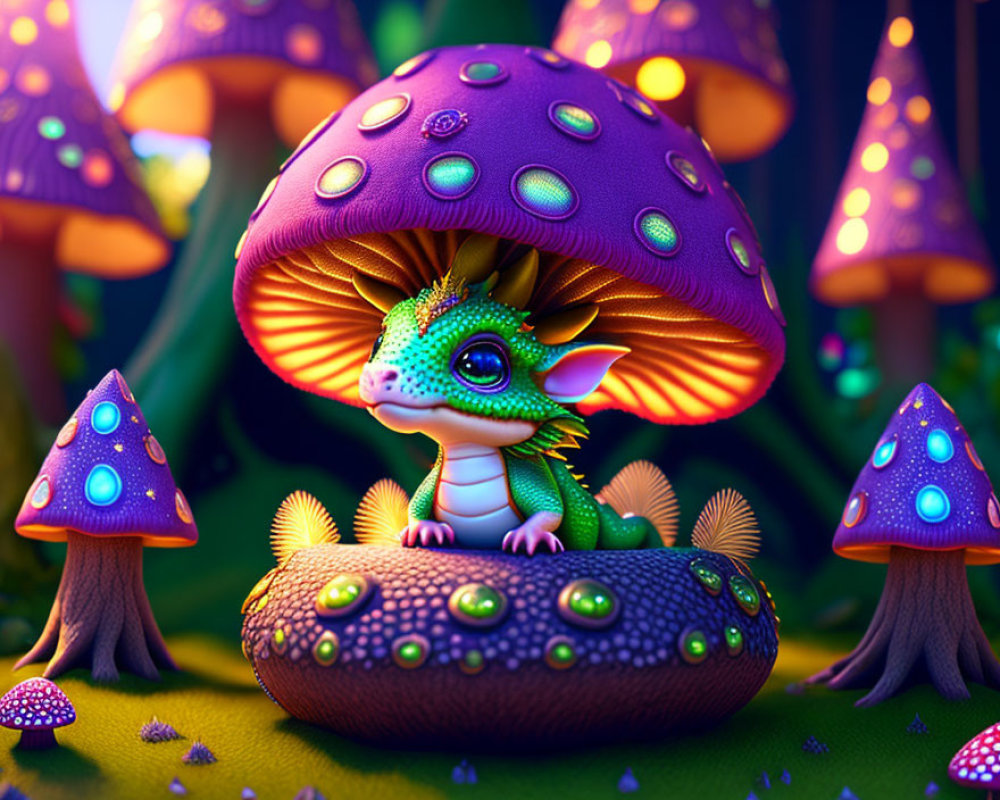 Vibrant illustration: whimsical dragon under purple mushroom