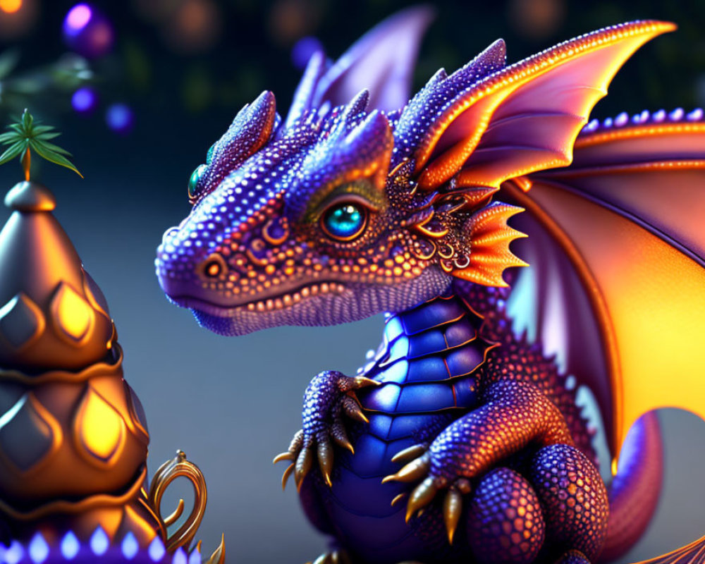 Vibrant digital artwork featuring blue and purple dragon with intricate scales by stylized pine tree