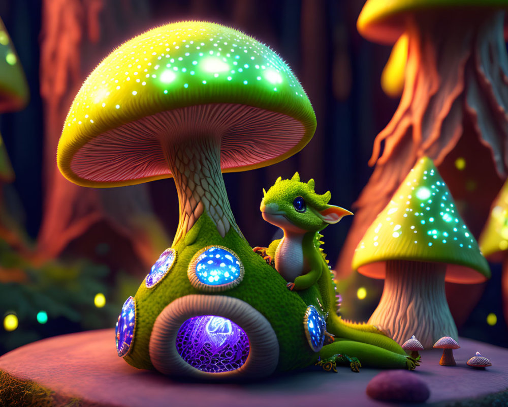 Glowing green dragon with bioluminescent mushroom in enchanted forest