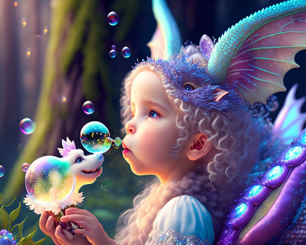 Young girl interacts with mythical dragon in magical forest setting.