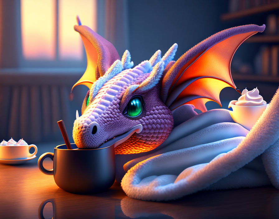 Purple and Orange Dragon Cozily Sipping Beverage by Window