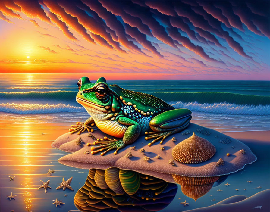 Detailed frog on mushroom with sunset, ocean, and starfish.