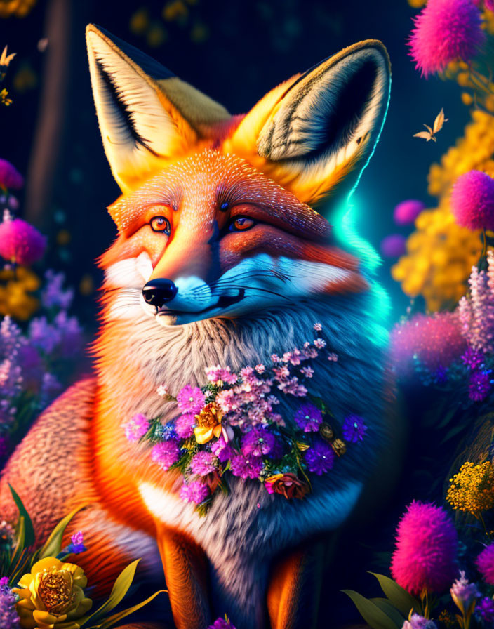 Colorful Digital Art: Fox Surrounded by Flowers with Neon Glow