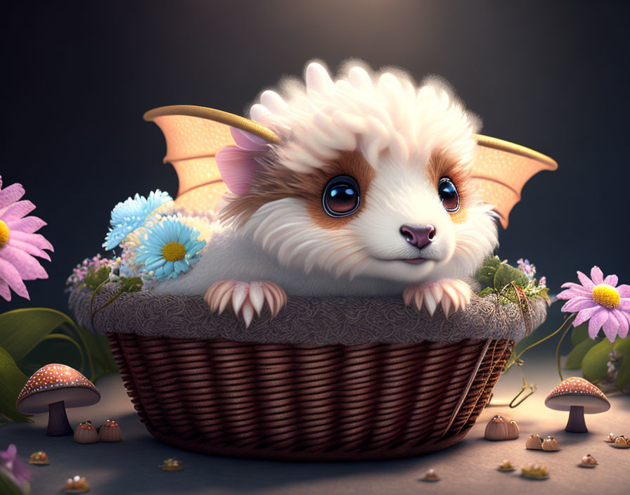 Fluffy guinea pig with dragon wings in basket among flowers and mushrooms