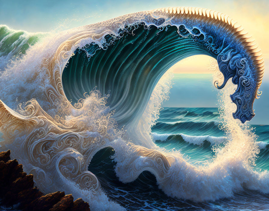 Detailed Artistic Depiction of Massive Ocean Wave with Lace-like Foam Patterns