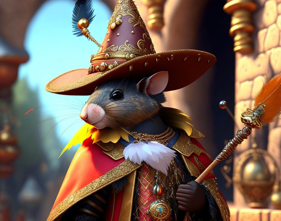 Anthropomorphic mouse in historical military attire with feathered helmet and scepter.