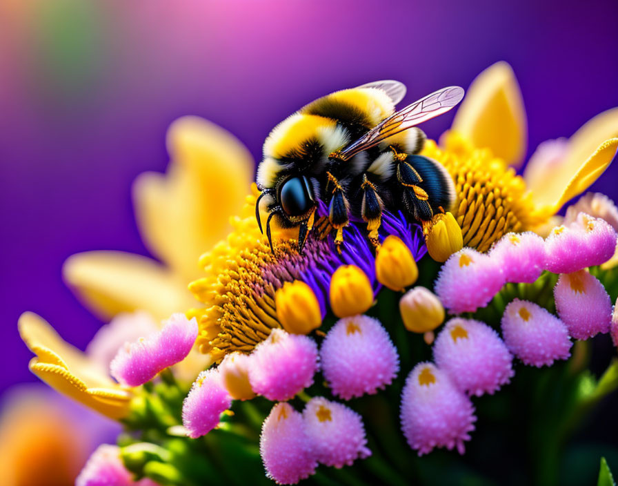 Close-up of bumblebee pollinating yellow and pink flowers with purple background