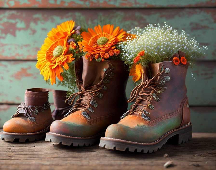 Weathered Large Boots and Small Floral Boot on Wooden Background